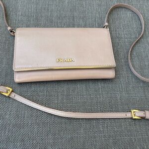 Prada Saffiano leather wallet on chain in a beige/cammeo